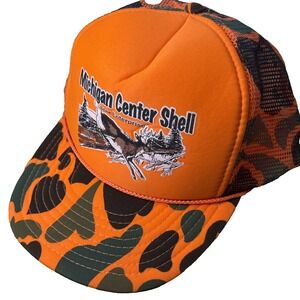 Vintage Michigan Center Shell Star Enterprise Orange Camo Hunting Hat W/deer